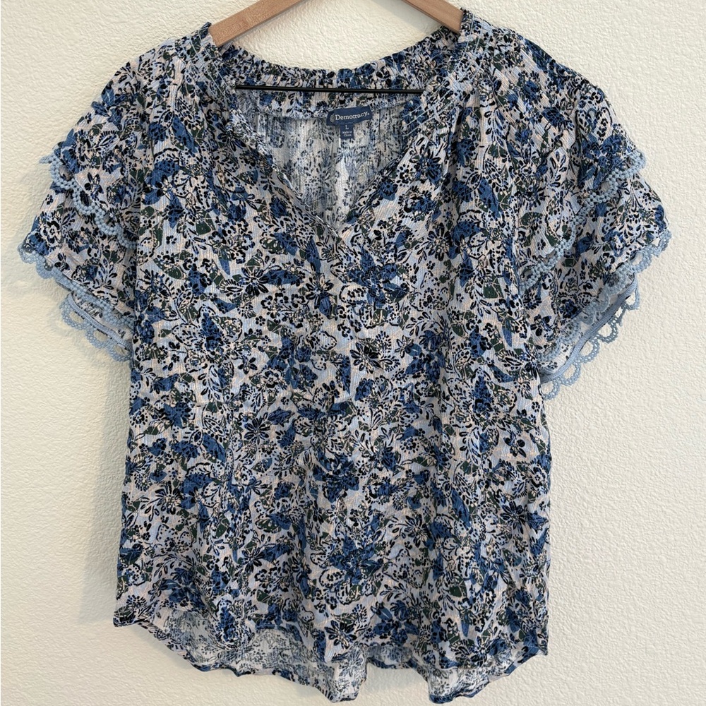 Democracy Blue Floral Lace Blouse